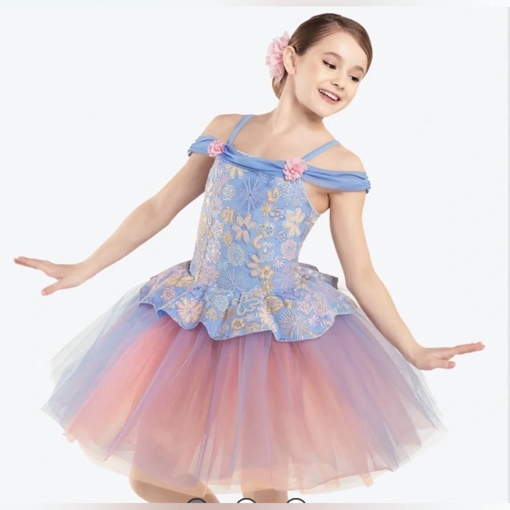 Revolution Blue and Pink Floral Girls Dance Costume Large